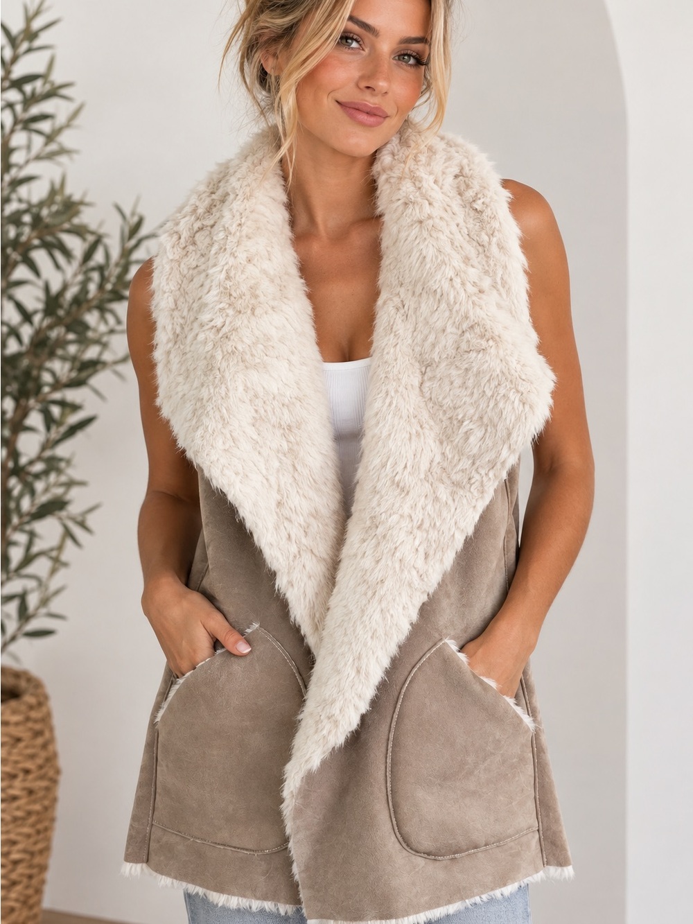 NWT Zara Trafaluc Faux Fur & Suede Asymmetric Vest Gilet Tan Cream Size S